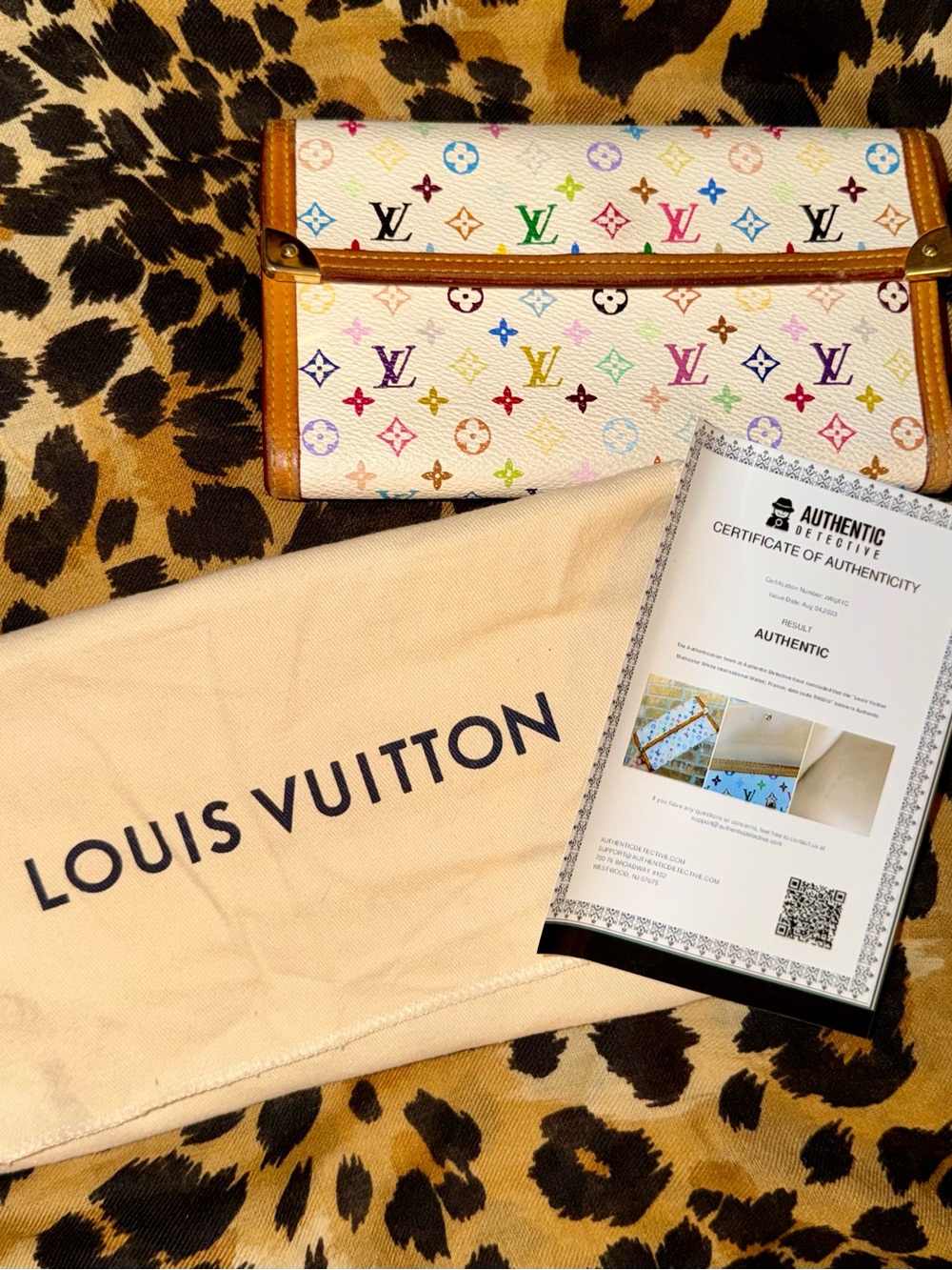 Louis Vuitton White Murakami Monogram Continental Wallet with Tan Trim
